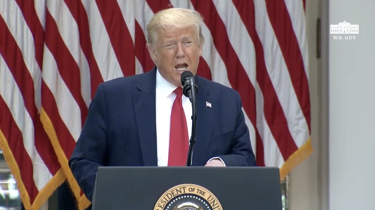 Screenshot of Trump delivering remarks at the White House, standing in front of an American flag.