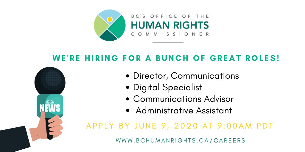 Our team is growing and we're looking for four great new staff members! 

We have a number of very exciting career opportunities available right now. 

Visit bchumanrights.ca/careers to learn more and apply by June 9, 2020. #NowHiring #BCjobs