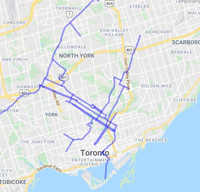 A tale of two cities.

Proposed rapid cycling network expansion in Toronto and Montreal (both drawn atop a map of Toronto).