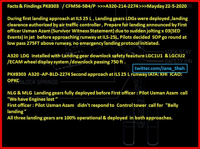 During 1st landing approach at ILS 25 L ,LDGs were deployed,landing clearance authorised by ATC.Prepare 4 landing announced by First officer Usman Azam (Survivor Witness Statement) due2 sudden jolting x 03(SED Events) in Jet b4 approaching runway at ILS-25L,  #PIAPLaneCrashed
