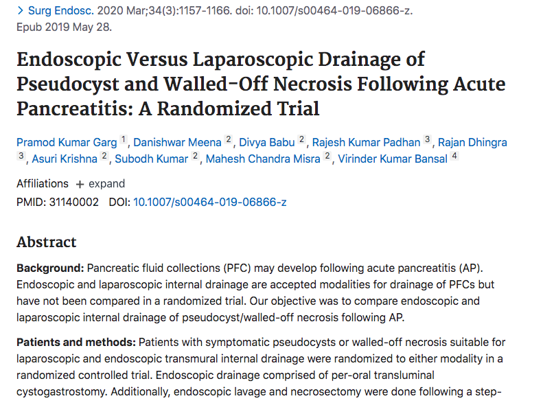 teachmesurgery's tweet photo. Latest #RCT in @SurgEndosc shows no difference in success rates between #laparoscopic and #endoscopic techniques, for the drainage of symptomatic #pseudocysts or walled-off necrosis following acute #pancreatitis

https://t.co/OVzpJjXdU3 https://t.co/xSLVerdSwm