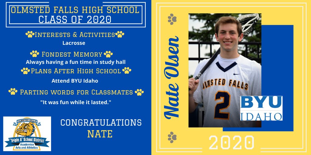 ofhsbulldogs's tweet photo. Senior Spotlight: Congratulations Nate Olsen, a graduating senior from the Olmsted Falls HS Class of 2020. We're proud of you! Good luck! Watch for more spotlights every day in May! @OFCSDistrict @OFHSLeoSpagnola @fallsclass2020 #OFClassof2020 #TheBulldogWay https://t.co/gJV8Jm0kxz