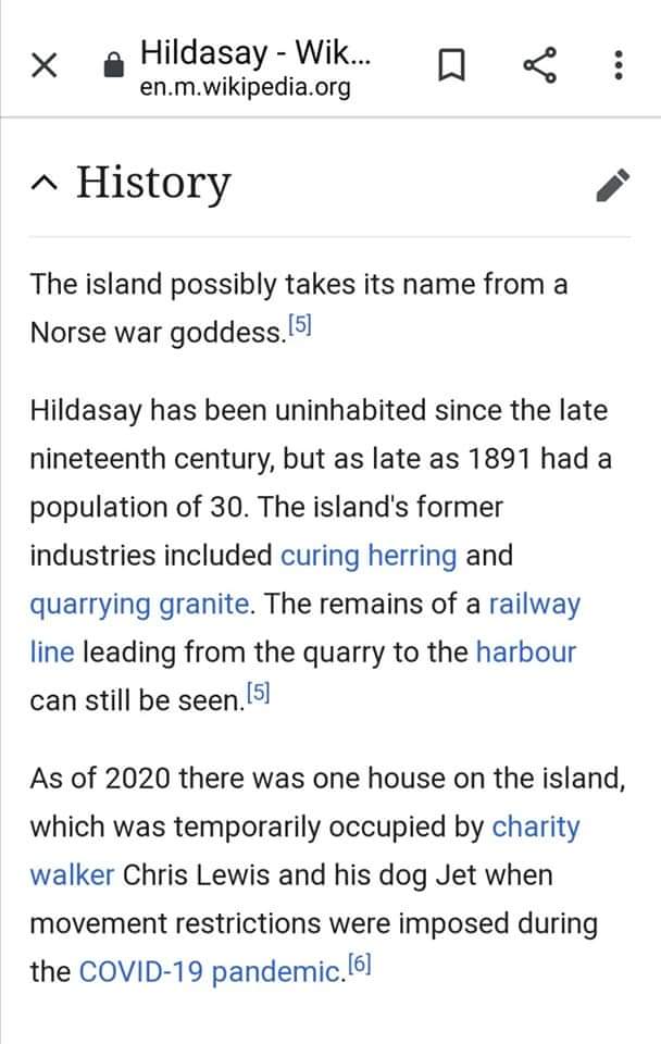 WalksUk's tweet photo. How epic is this!  Wikipedia have updated n now mention 2 inhabitants, a man n his dog on Hildisay 😁 has to be a keeper! One day when I settle that will be in the wall in the memory room👍
Jet n I are both keeping well n doing absolutely anything to keep busy!
Keep being epic 👌 https://t.co/D2wmC7wT4h