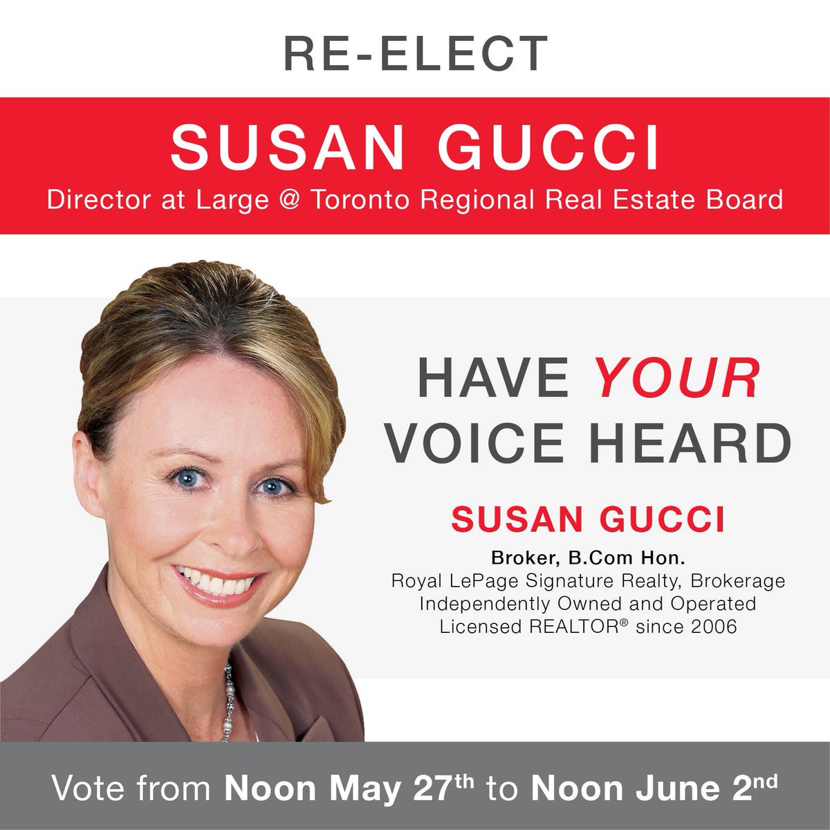 GUCCIsusan's tweet photo. Excited to announce I seeking re-election as Director at Large, Toronto Real Estate Board. If you are a member log on to Stratus noon tomorrow to vote.   Have your voice heard! https://t.co/VncRd7hndU