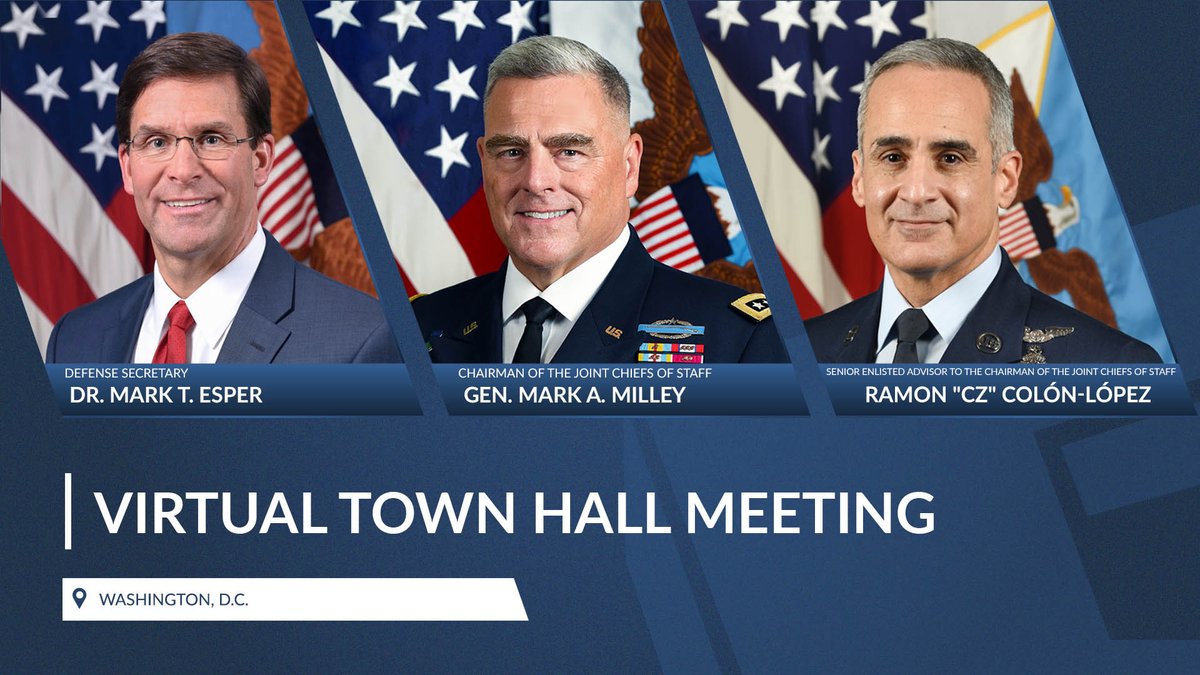 On Thursday, May 28 at 9:30 am EDT, @EsperDoD, #GenMilley & #SEAC4 Colon-Lopez will hold a virtual global town hall meeting to answer questions from service members, DOD civilians & family members about #COVID19.

Tap the link below to post your questions:
facebook.com/DeptofDefense/…