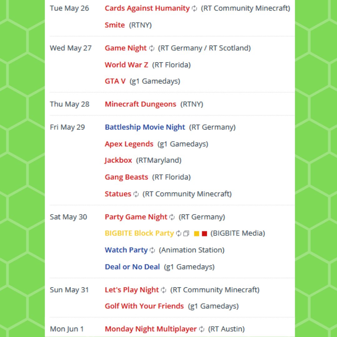 RTW_Community's tweet photo. Let's hang out with the #RTCommunity with these #RTCommunityEvents!
@RT__Minecraft @RTNYCommunity @rt_germany @RTScots @RT_Florida @g1_Gamedays @RTMaryland @BIGBITEmedia @RT_AnimStation
For details see the RT World Community Calendar here: https://t.co/rlwhIOcCti #RTWCC https://t.co/SVYdBz8UIk