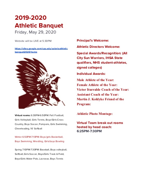 SolorioSports's tweet photo. Check out @SolorioHS virtual athletic banquet this Friday! See the flyer and program below. Don't miss out! #bleedmaroon https://t.co/6yNXRn1RRg