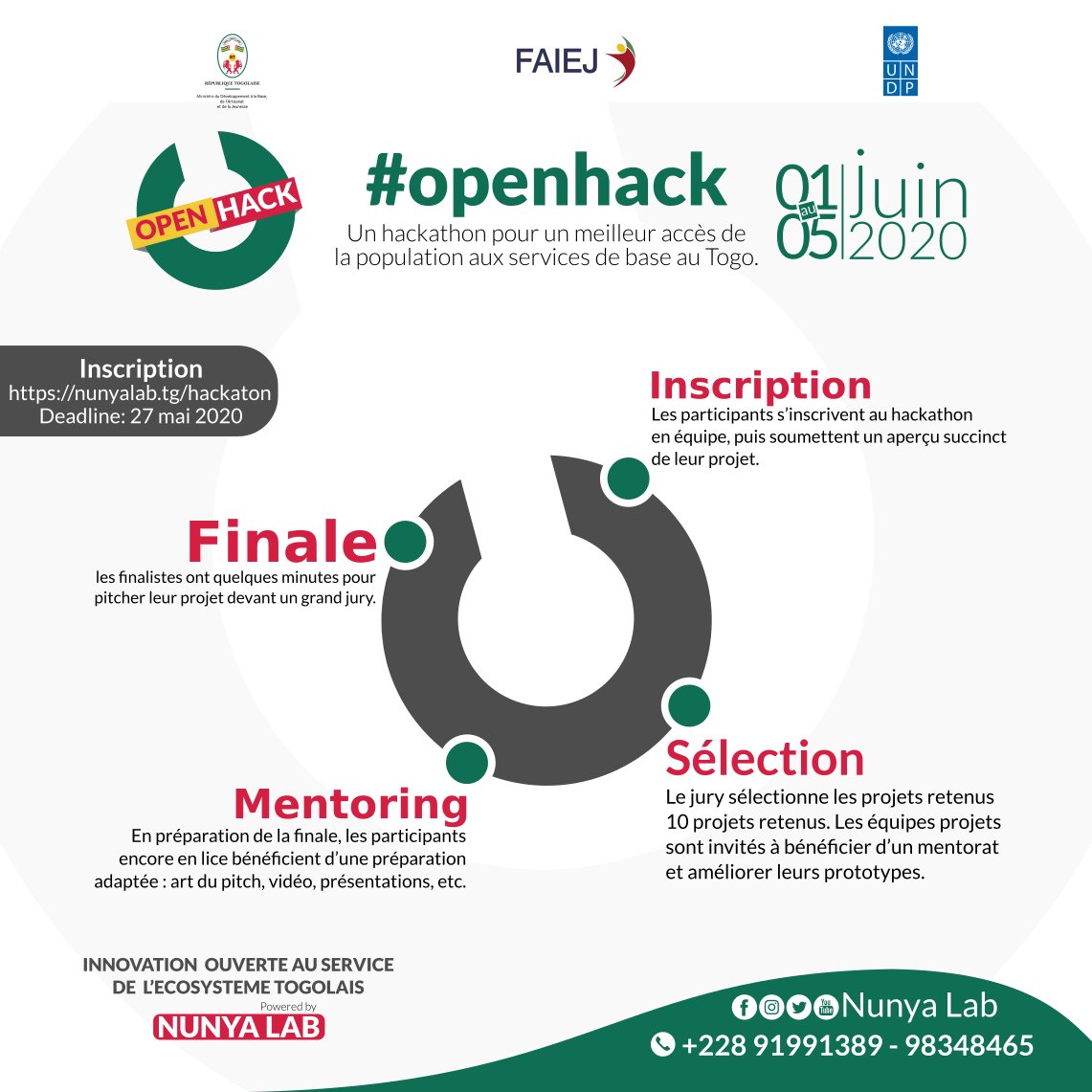 NunyaLab's tweet photo. En attendant la deadline de l'inscription à #OpenHack via https://t.co/OclKhxM8Dh prenez déjà connaissance de son déroulement.

Du 1er au 05 juin, avec le #PNUD, #FAIEJ #MDBAJ https://t.co/Qj2HQ2WSBD