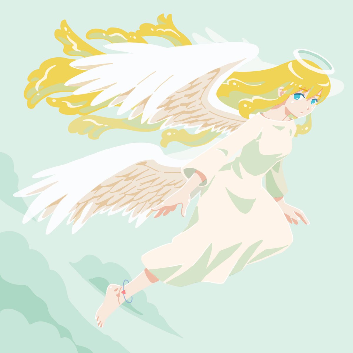 1girl solo angel wings halo blonde hair long hair  illustration images