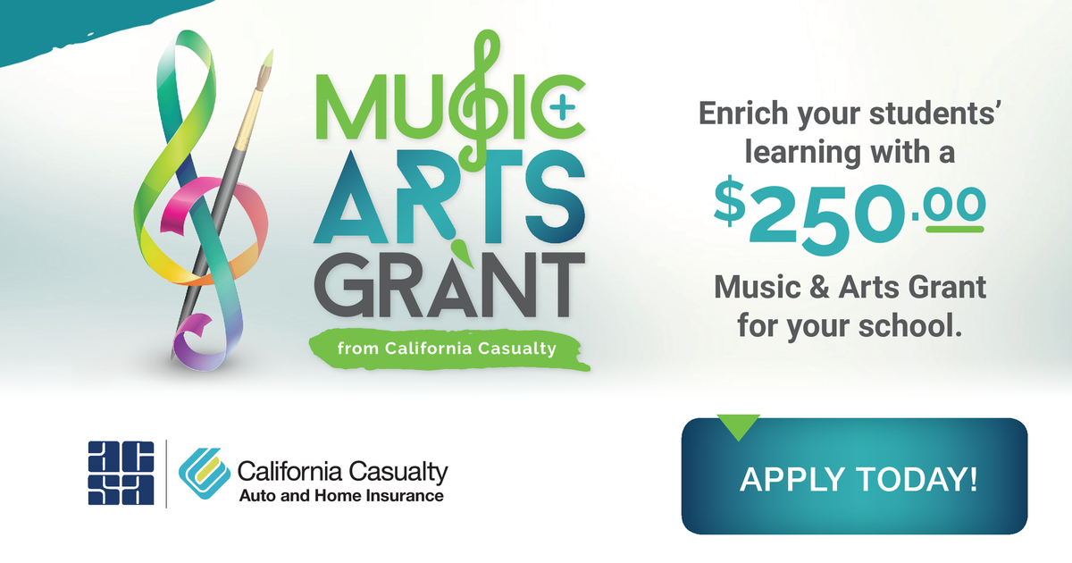 ACSA_info's tweet photo. Our partners at California Casualty are accepting applications for its Arts &amp; Music Grants! The deadline to apply for a $250 award for a music or arts need at your school is June 30 for this grant cycle. Details here: https://t.co/SxXg9kDbRQ https://t.co/oRCvm18kbZ