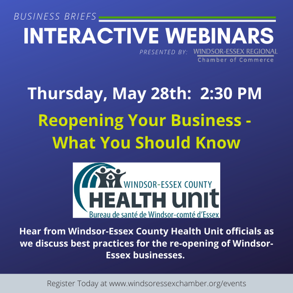 Reopening your Business?  Learn from medical officer of health Dr. Wajid Ahmed of <a href="/TheWECHU/">WEC Health Unit</a> on what you should know to reopen safely.

Register:windsorchamberon.chambermaster.com/eventregistrat…

#WECHU #YQGStandsStrong #YQG #reopening <a href="/WERCofC/">Windsor Essex Chamber of Commerce</a>