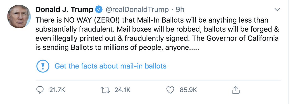 NYTnickc's tweet photo. Twitter added a fact-check to Trumps unsubstantiated and unfounded claims about voter fraud.

The link brings users to a "Moments" page with a link to a Politico article and a Twitter written summary of the fact check: https://t.co/I8sVVcI9tJ https://t.co/MsKtE5TjTj