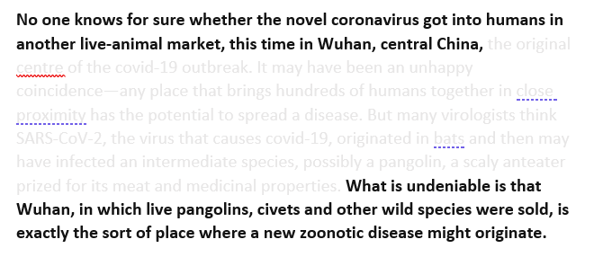 If you're wondering how you remove the scientific evidence base from a policy discussion, and turn it into narrative, here's a nice template in just four sentences from today's Economist column on wet markets: https://www.economist.com/international/2020/05/26/will-wet-markets-be-hung-out-to-dry-after-the-pandemic?fsrc=newsletter&utm_campaign=the-economist-today&utm_medium=newsletter&utm_source=salesforce-marketing-cloud&utm_term=2020-05-26&utm_content=article-link-1
