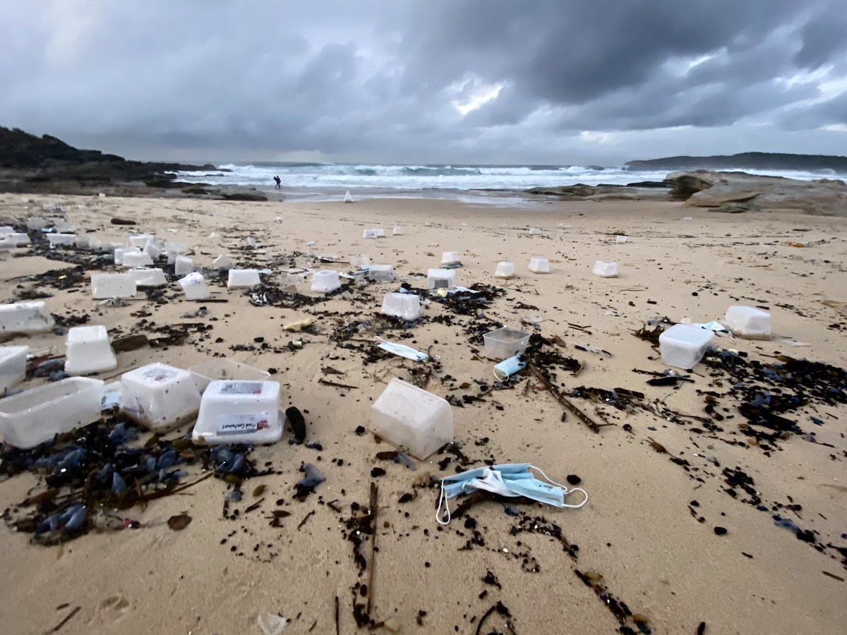 Debris washes ashore. Masks and food containers are among the first of the contents to arrive after ~40 containers were lost from a ship (the APL England) 70km off the  #Sydney coast.  #marinedebris  #plasticpollution  #maritimespills