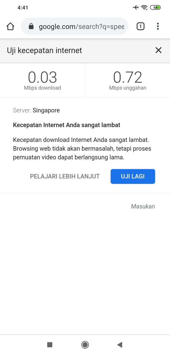 Tomas_gnta's tweet photo. Iseng nyoba speedtestnya google. Ini @IndiHome nya yg emg lg lemot 5 hari terakhir ato karna perkara gua telat bayar sehari ya. Padahal kalo pemakaian (at phone time) cuman dua hp, even yg connect 7 hp (pengguna aktif 2 hp di jam ini). 10Mbps 400k (dibrosur) ? Really? https://t.co/MZDpjq35if