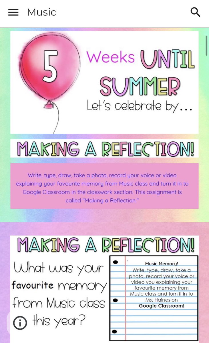 The_Pynn's tweet photo. 5 weeks until summer! Let’s celebrate by.... making a reflection! What is your favourite memory from music class this year? Check our mine below! I have already received some really nice memories from students. #music #MusicEducation #musicmatters https://t.co/4noN3vhp0Q