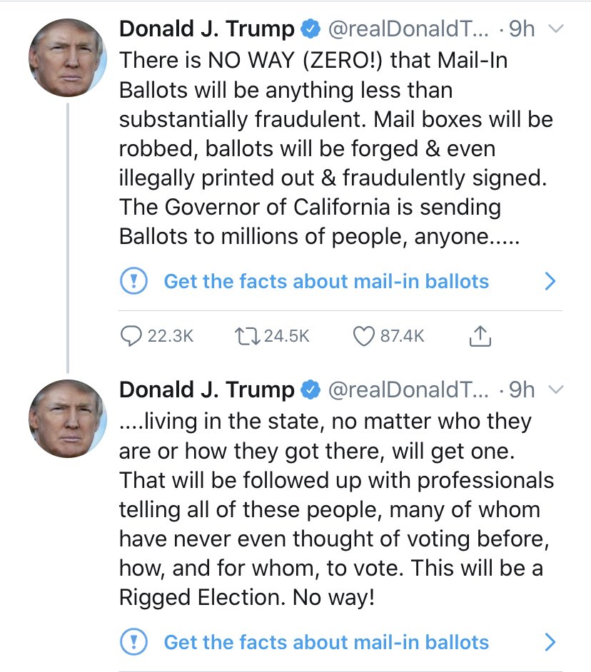 Pour la 1e fois ⁦@Twitter⁩ accompagne des tweets du président américain de mises en garde contre les fausses informations. En l’occurrence ses déclarations sur une supposée fraude du vote par la poste.