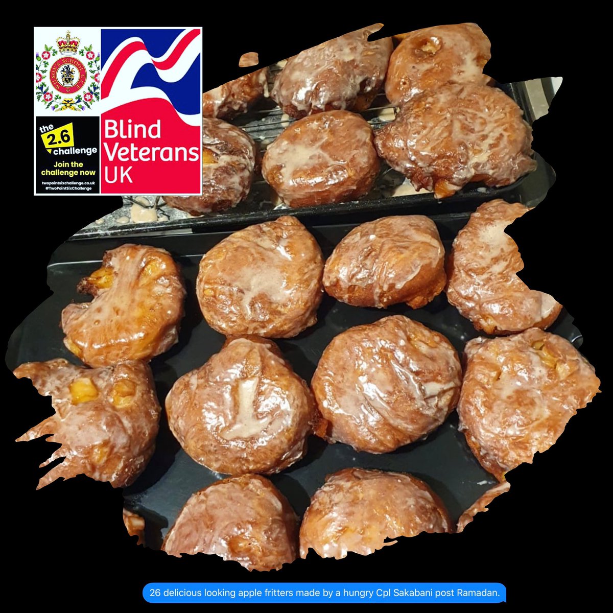 WilsonsCCF's tweet photo. Cpl Sakabani has prepared 26 apple fritters as a #twopointsixchallenge #caloriesin for @blindveterans donate here https://t.co/JAOAJ1bbtD. https://t.co/a2NEoTeEMK