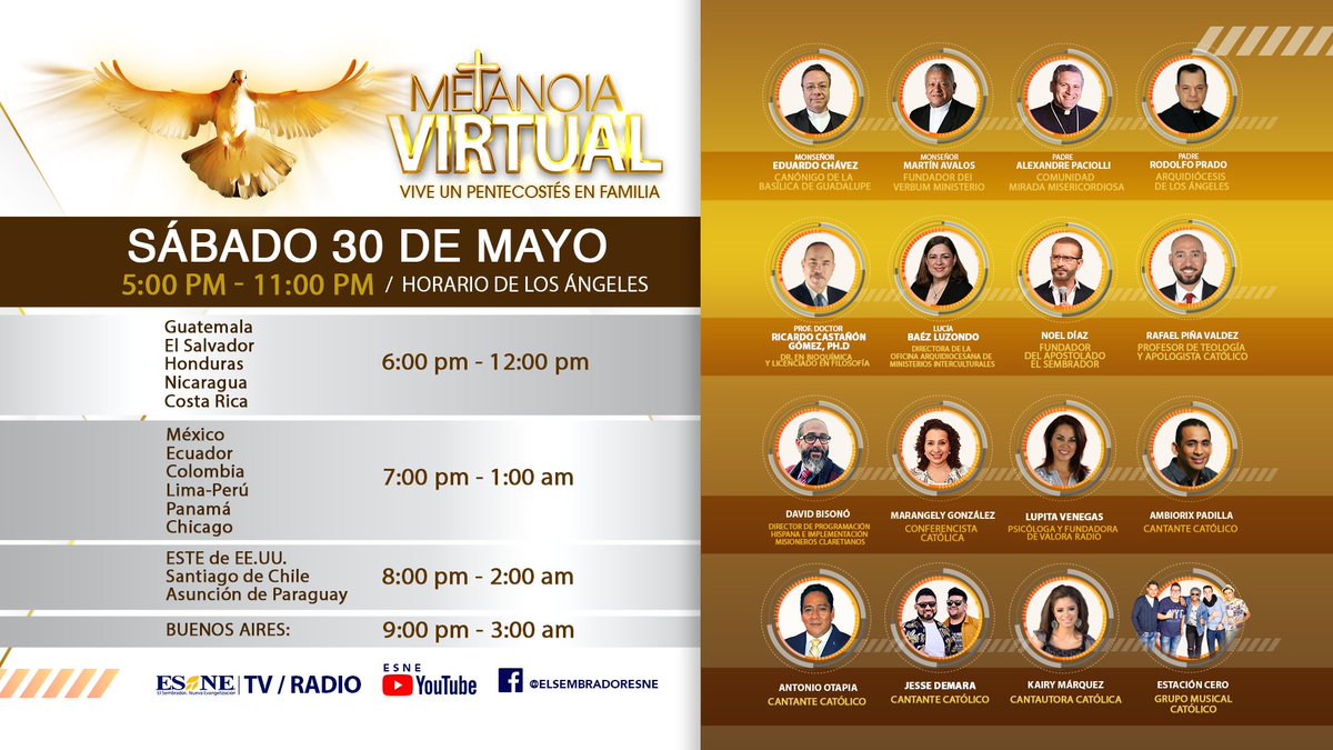 ElSembradorESNE's tweet photo. ¡Vive Pentecostés en familia! Este sábado 30 de mayo con un Metanoia virtual en vivo. Recibamos juntos al Espíritu Consolador.
#Pentecostés #metanoiavirtual #EspírituSanto #esne https://t.co/V4hFqC0Zxx