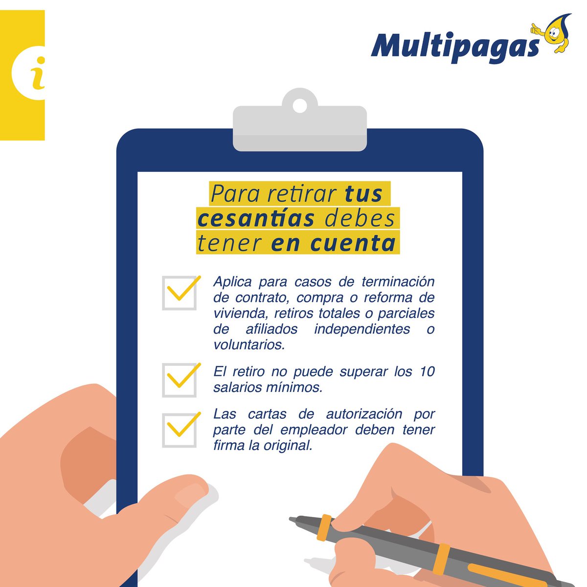 Multipagas's tweet photo. Es importante que tengas en cuenta las siguientes recomendaciones si vas a realizar el retiro de tus cesantias en nuestras oficinas. Para más información consulta con la entidad donde tienes tus cesantías.💙
.
#Cesantias #Colombia #Multipagas https://t.co/DuiIlBy7b5