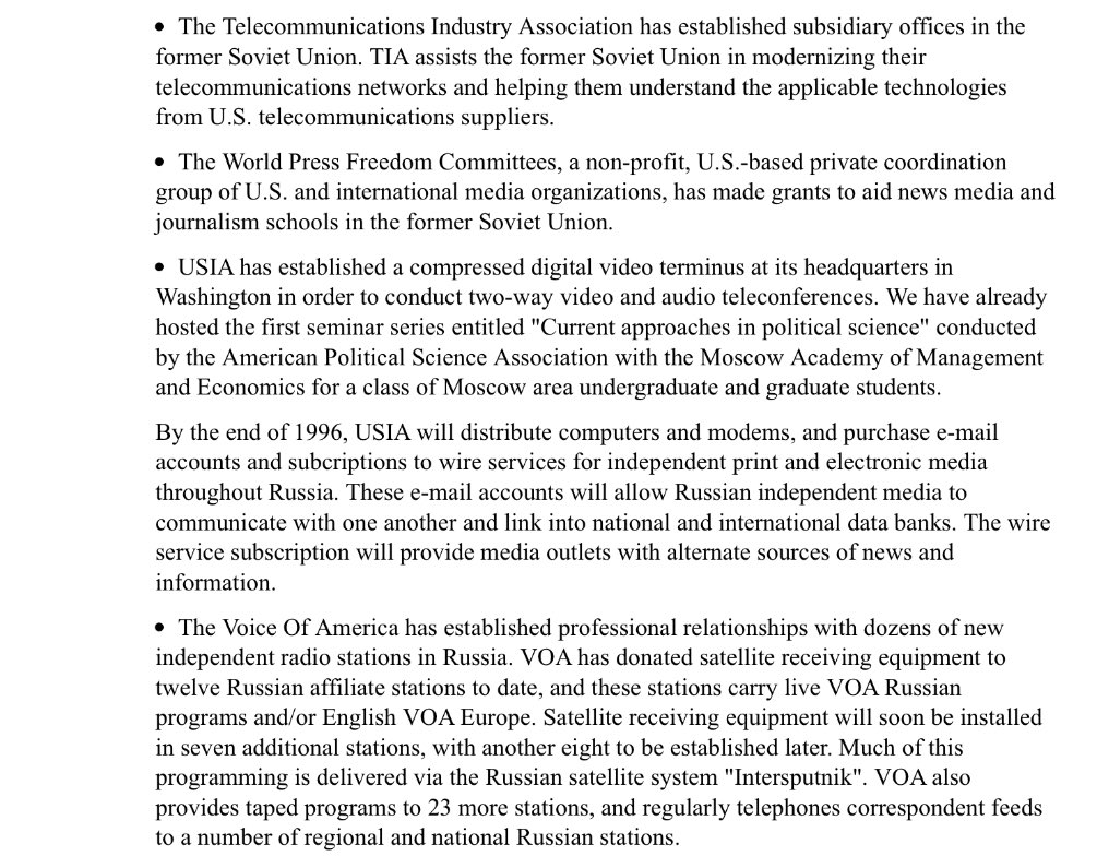 ... USIA will distribute computers & modems, & purchase e-mail accounts & subcriptions to wire services for print & electronic media thruout Russia. The e-mail accounts will allow Russian indi media to communicate w one another & link into national & intl data banks.