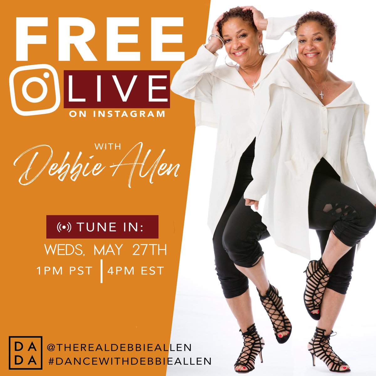 msdebbieallen's tweet photo. I’m ready to dance with you, Global Family! 🌍 Meet me on IG Live at 1PM PST tomorrow and tag me in your dance videos using the hashtag #DanceWithDebbieAllen! HOLLA! 💋✨ https://t.co/6IBTHea4xn