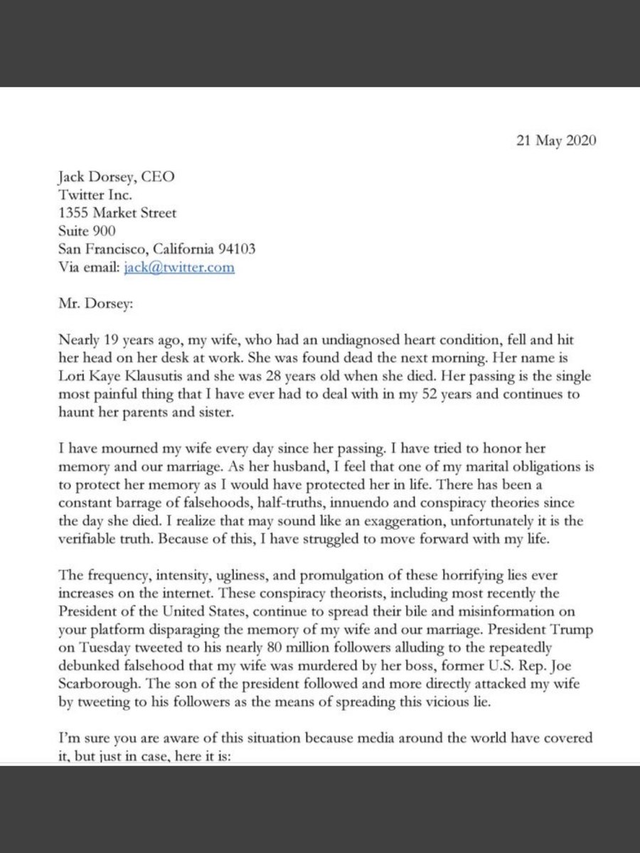 Lisa_Wilkinson's tweet photo. “The President of the United States has taken something that does not belong to him - the memory of my dead wife - and perverted it for perceived political gain.”

The incredibly powerful letter from a husband imploring Twitter CEO Jack Dorsey to take action against #Trump. https://t.co/rCtyNJnVCb