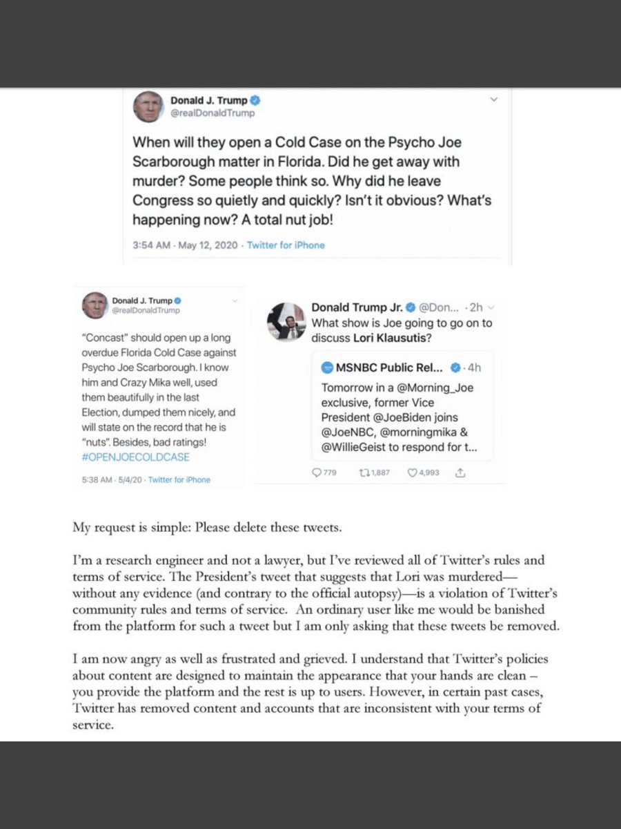 Lisa_Wilkinson's tweet photo. “The President of the United States has taken something that does not belong to him - the memory of my dead wife - and perverted it for perceived political gain.”

The incredibly powerful letter from a husband imploring Twitter CEO Jack Dorsey to take action against #Trump. https://t.co/rCtyNJnVCb