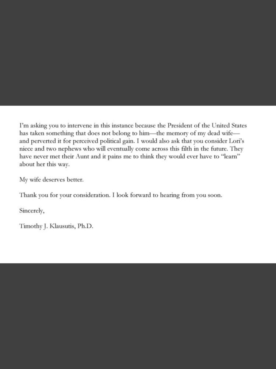 Lisa_Wilkinson's tweet photo. “The President of the United States has taken something that does not belong to him - the memory of my dead wife - and perverted it for perceived political gain.”

The incredibly powerful letter from a husband imploring Twitter CEO Jack Dorsey to take action against #Trump. https://t.co/rCtyNJnVCb