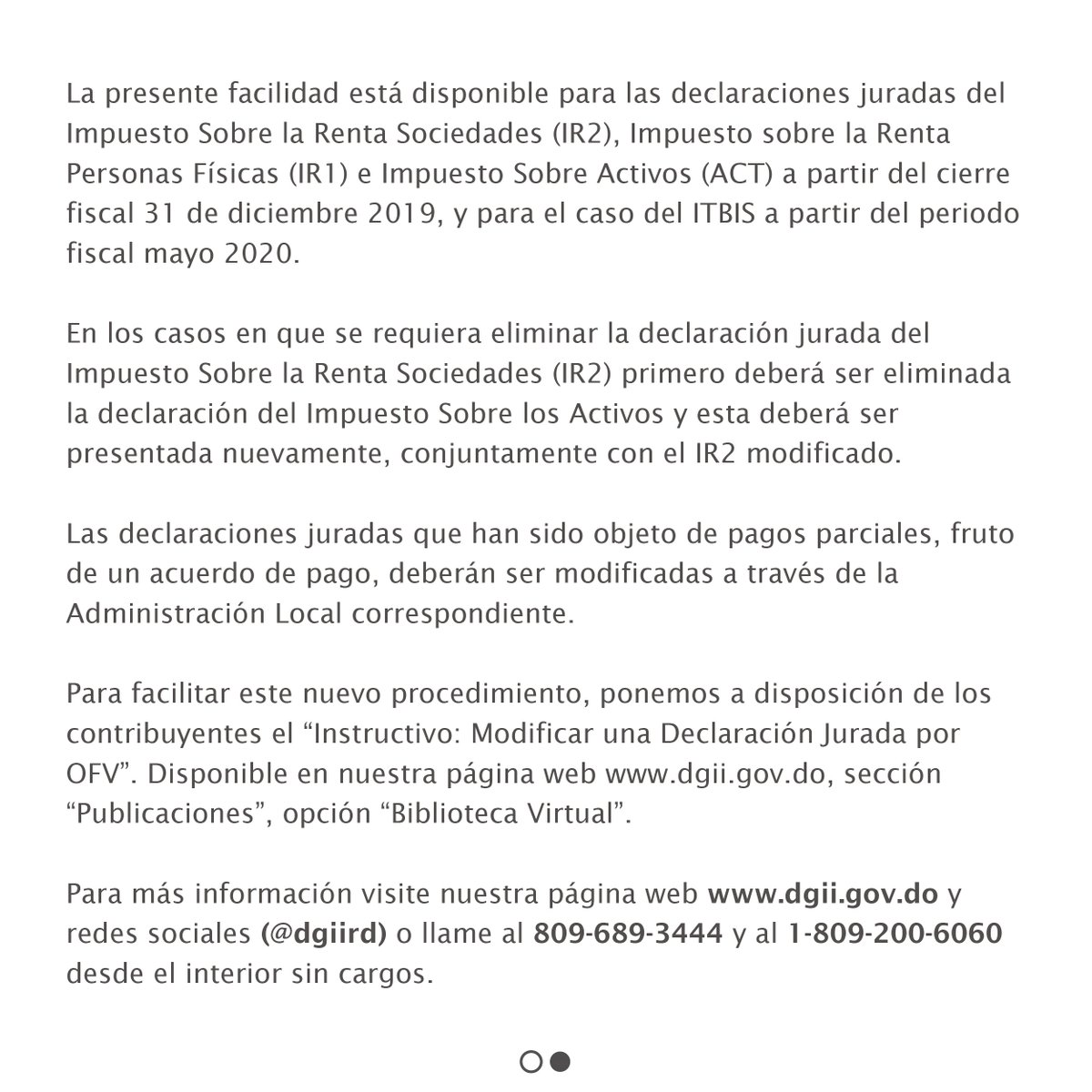 DGii's tweet photo. #AvisoDGII: Informamos a todos los contribuyentes que ahora podrán realizar las modificaciones a las declaraciones juradas a través de la Oficina Virtual, siempre que se encuentren dentro de la fecha hábil para su declaración. Accede al instructivo aquí: https://t.co/BNih6ORqjc https://t.co/WrgzAdZ5Bx