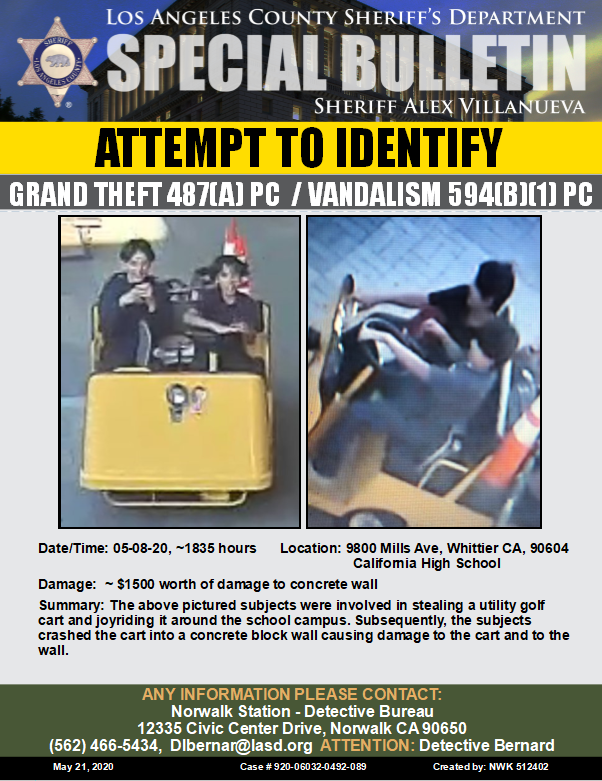 NorwalkLASD's tweet photo. Do you recognize these guys? They stole a golf cart and then crashed it at #CaliforniaHighSchool. Contact Det. Bernard with any information. #LASD #Norwalk #Whittier https://t.co/ffo2IdbOae