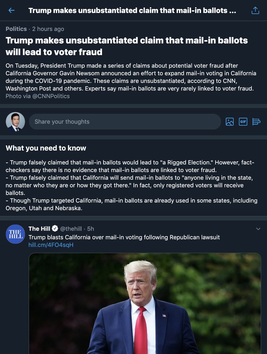 Twitter confirms to me that today is the first time any Trump tweets have been labeled as misleading by the platform. In these (two) cases, Twitter says, Trump’s tweets were flagged for 'potentially misleading information about voting processes” and are labeled for context.