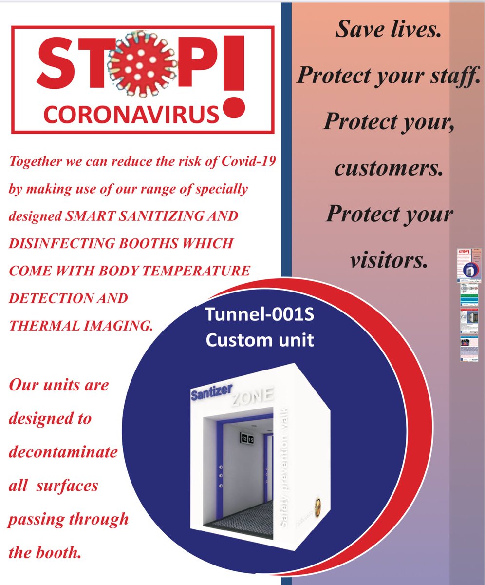 Stop #coronavirus by making use of our range of specially designed Smart Sanitizing and Disinfecting tunnels which come with thermal imaging body temperature detection system. Saves lives. A 99% #bacteria and #virus mortality is expected.