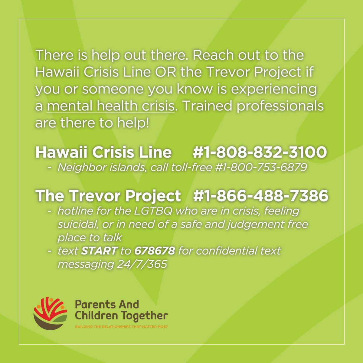 There is help out there. Reach out to the Hawaii Crisis Line OR the Trevor Project if you or someone you know is experiencing a mental health crisis.

Hawaii Crisis Line #1-808-832-3100
- Neighbor islands, call toll-free #1-800-753-6879

The Trevor Project #1-866-488-7386