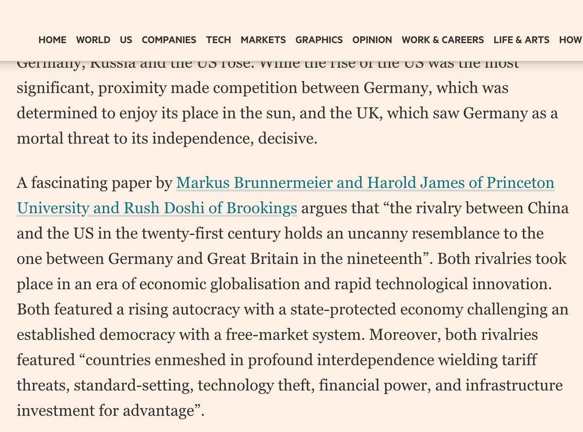 Wolf's FT column draws on 2018 Brunnermeier, Doshi & James paper comparing US-China competition to pre-1914 Anglo-German rivalry. Although there are some similarities they are rather overstated, in particular the systemic and geo-economic opposition. 1/  https://bit.ly/2XvCMWq 