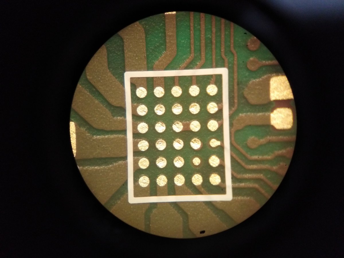 Close ups of the PCB: We were happy to see that the solder mask defined pads of the 0.5 mm BGA were looking good. If you look closely you can see that two pads are slightly smaller so the via-in-pad of another pad could be offset by a tiny but necessary amount.  @card10badge