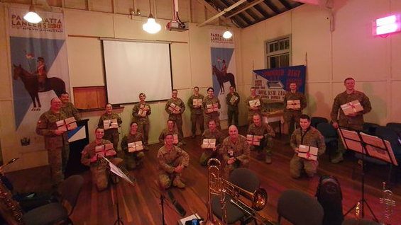 Checkers70's tweet image. Last night, the OPSO and I had the opportunity to present the @thelancerband members their certificates of appreciation on behalf of @SoldierOnAust after their fantastic support of the online ANZAC Day memorial service.
@RSM5BDE 
@MickGarraway 
#anzacday2020