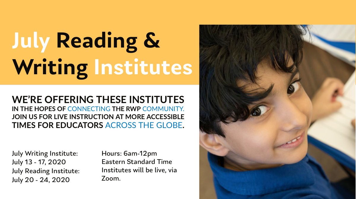 TCAdvancingLit's tweet image. Announcing NEW July Reading &amp;amp; Writing Institutes! Held 6am - 12pm EASTERN to provide PD to the #TCRWP community around the world! Apply today!
July Writing: bit.ly/3c2h9lx
July Reading: bit.ly/3emt0fS

#tcrwp #UnitsofStudy #distancelearning #UoS #workshop