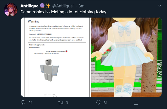 Chris On Twitter Roblox Is Deleting A Ton Of Clothing Right Now This Is The Wrong Wave You Should Be Doing Roblox Instead Of Taking Action On Stolen Clothing They Take Action - how to create clothing on roblox 2020
