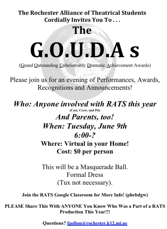 rhsrats's tweet photo. GOUDAS 2020 coming soon! For more info and for the award nominations be sure to check out our Google Classroom Page 🎭🌟 https://t.co/amlY1E2Jp9