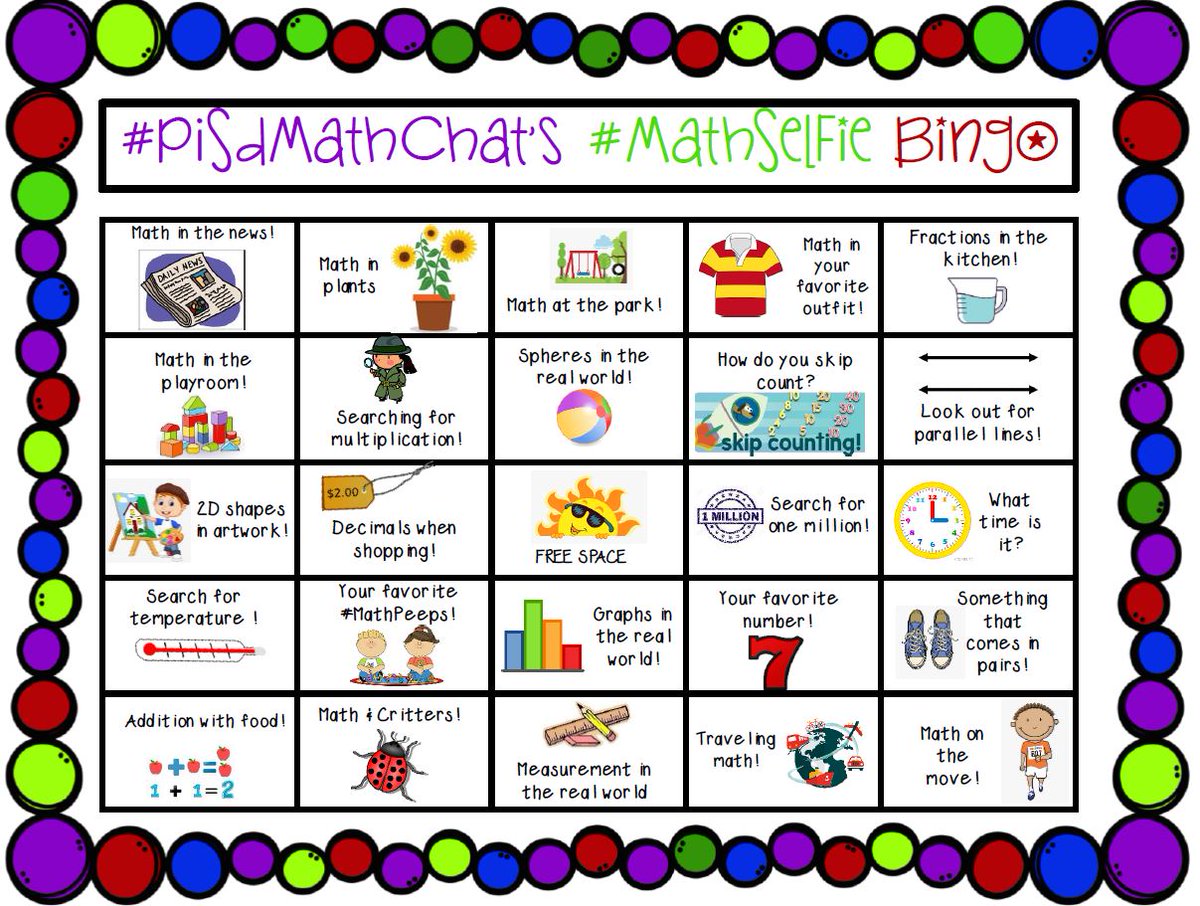 MathematicsMTSS's tweet photo. Woohoo! Let's have fun with mathematics this summer! All #PISDMathChat & #MTBoS mathematicians are welcome to join us for our #MathSelfie Bingo! Mathematicians learn & grow together ... and look for mathematics in the world around them! #ElemMathChat #TASMTalk https://t.co/M72MGVitMG