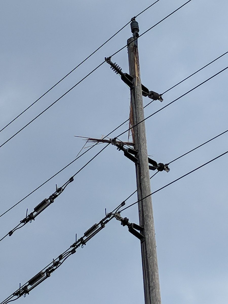 simonlooker's tweet photo. Power outage in Orillia. This is the likely suspect. This pole got a hit from lightning in the zehrs parking lot. @cityoforillia #orilliapower https://t.co/vI55WAj7QX