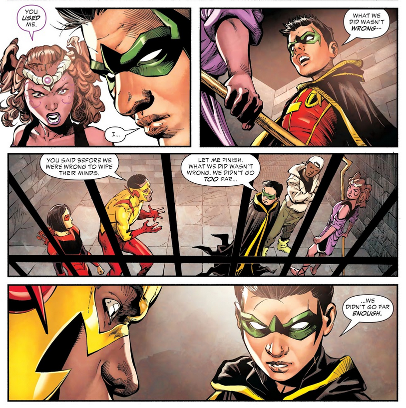 Wednesday spoiler// Teen titans 41 
.
.
. 
I get that putting damian in a moral dilemma is essential given his background but I feel like this is a slippery slope. If they explore his new identity outside of batmans influence /moral code, then things could go a little villan-y 