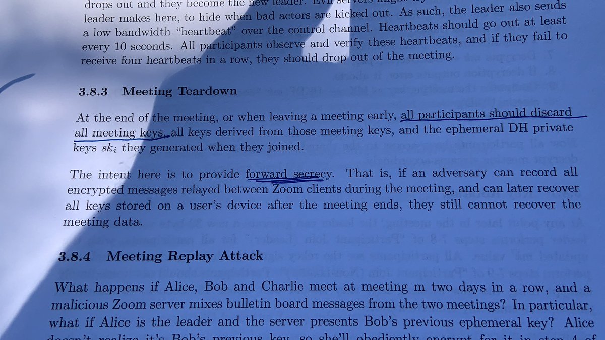 Nice. When you leave a meeting, your client destroys all ephemeral keys used during the meeting to provide “forward secrecy” — an attacker that records an encrypted meeting can’t later decrypt it after stealing keys from a device