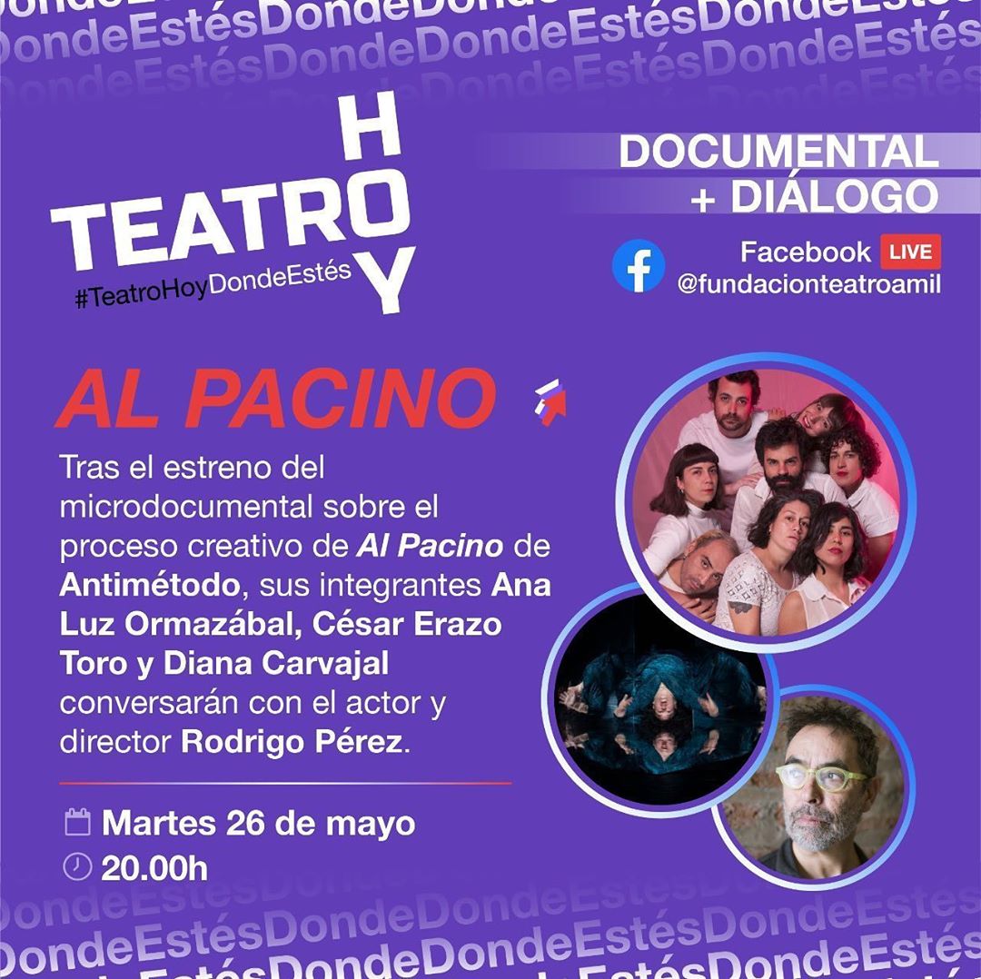 RedSalasTeatro's tweet photo. Hoy, a las 20 horas vía Facebook Live @fundacionteatroamil 🖥, la compañía @antimetodo conversa con Rodrigo Pérez sobre Al Pacino 🔥, estrenada el pasado 2019 en nuestro @matucana100.

➡️ Previo al diálogo, se mostrará el documental del proceso creativo de la obra.

#SomosRED 🚩 https://t.co/jcVOs35xWX