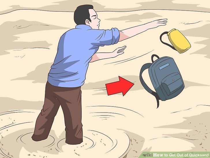 So how do we deal with the quicksand threat? What do you do if the enemy has you in its clutches? Let’s take a look1) Your bookbag, because you were on your way to school when it happened, will not help you and your physics homework will only distract you from the task at hand