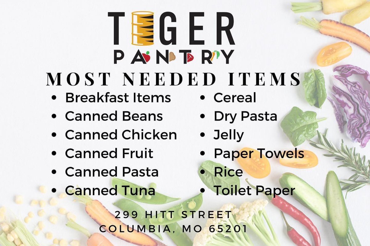 We’re having a food drive tomorrow, May 27th! Drop off items from the list below from 12-4 pm! We’re at 299 Hitt Street, enter off Elm Street to find us. Call when you arrive (573) 227-2169 so we can come out and grab your donation. #FightTigerFightHunger #TigerPantryCares