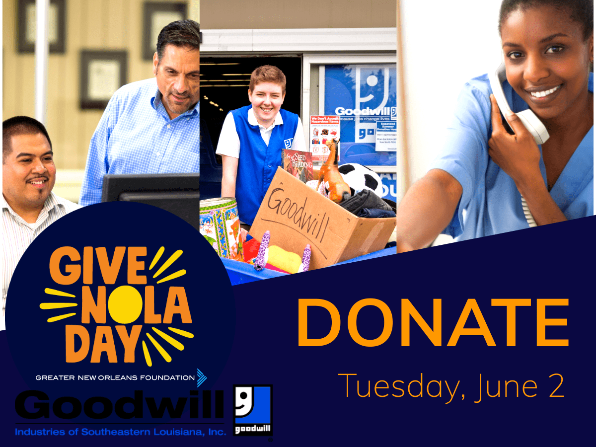 GoodwillSELA's tweet photo. Why donate to Goodwill SELA on Give NOLA Day? Goodwill's mission is putting people to work. COVID-19 has had a drastic impact on the job force and Goodwill is here to get Louisiana back to work. https://t.co/g5zHApz2kR #givenoladay #givenola #givenoladay2020 #donate #nola https://t.co/Ds8sZc0ufC
