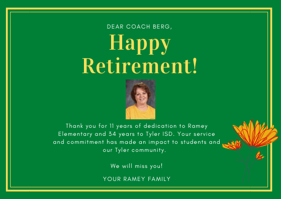 RameyTylerISD's tweet photo. We wish the very best for Coach Berg as she begins a new chapter in her life. #Work4Win #AddsValue https://t.co/Y487DXdjSJ
