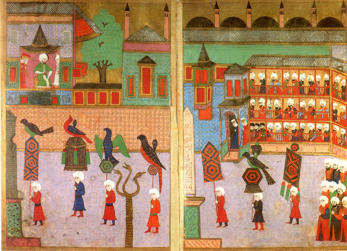 This image of the hippodrome in Istanbul in Ottoman times is just one example. At center, the Serpent Column (from the Greek Temple of Apollo at Delphi) and an Egyptian Obelisk. ‘Imperial Festival Book’ of Intizami (c.1588) Topkapı Palace Library Istanbul, H 1344, fol. 338b–339a.